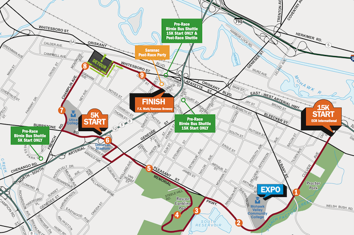 A map of the Boilermaker 15K and 5K courses for 2023, marking a detour on lower Champlin Ave